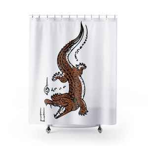 Thai Tattoo Design Shower Curtain &#39;Crocodile With Good Luck Spells&#39; New Retro Perfect Bathroom Decor 71&quot; x 74&quot; Unique Gift
