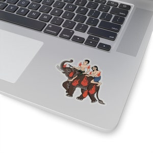 Thaise Tattoo Design "Paar op een olifant" Nieuwe Retro Grappige Kiss-Cut Sticker Perfect cadeau of cadeau voor vrienden