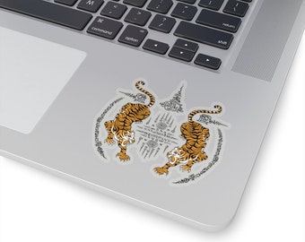 Thai Tattoo Design &quot;Tigers with Lucky Magic Spells&quot; New Retro Funny Kiss-Cut Sticker Perfect Gift or Present for Friends