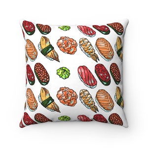 May include: A white pillow with a colorful pattern of sushi. The sushi is drawn in a cartoon style and includes various types of fish, seaweed, and rice.