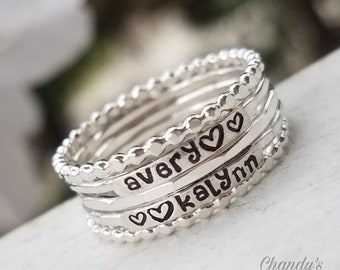 2mm-Sterling-Silver-Stackable-Name-Rings-Lowercase-Font-Mother's-Ring-Push-Present-Stacking-Band-Customized-Thumb-Pinky-Hammered-Spacers-Set