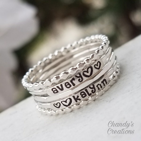 2mm-Sterling-Silver-Stackable-Name-Rings-Lowercase-Font-Mother's-Ring-Push-Present-Stacking-Band-Customized-Thumb-Pinky-Hammered-Spacers-Set