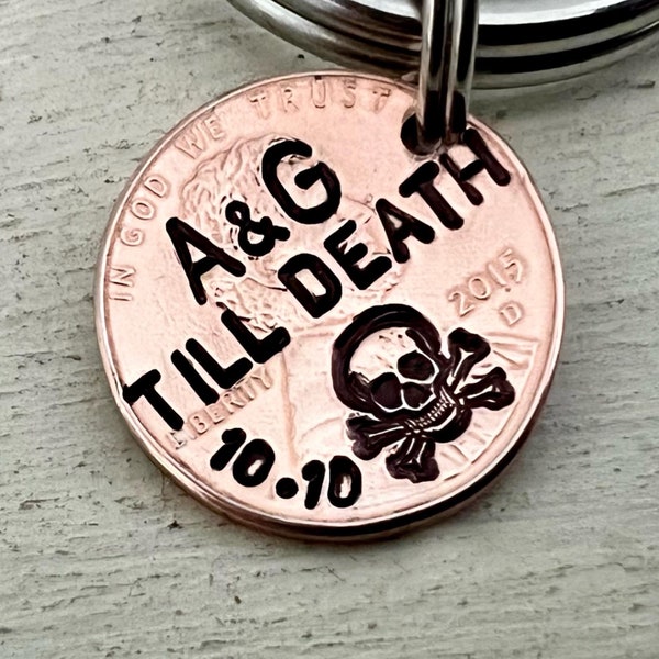 Custom-Penny-Keychain-7th-Anniversary-Lucky-Gift-Men-Husband-Boyfriend-Seven-Years-Unique-Engraved-Stamped-Wife-Copper-Till Death Do We Part