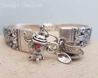 Tea Time Spoon Bracelet-Teapot Charm-Spoon Jewelry-Antique-Teapot Bracelet-Art-Alice In Wonderland-Wedding-Tea Spoon-Tea Cup and Saucer-Gift