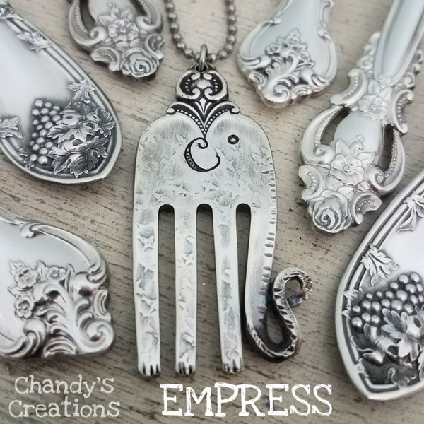 Elephant-EMPRESS-Necklace-Upcycled-Fork-Jewelry-Spoon-Engraved-Stamped-Silver-Pendant-Vintage-Antique-Mammoth-Recycled-Good-Luck-Charm-Sale