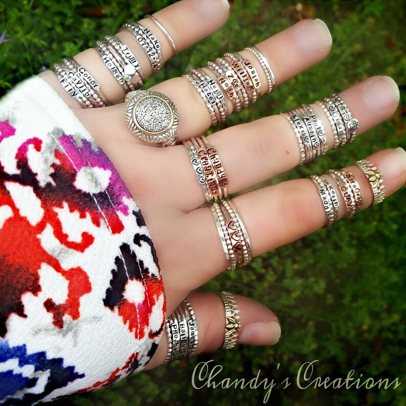 2mm-Sterling-Silver-Stackable-Name-Rings-Font-Mothers Ring-Push-Present-Stacking-Band-Customized-Thumb-Pinky-Hammered-Spacers-Set-Gift-Bead