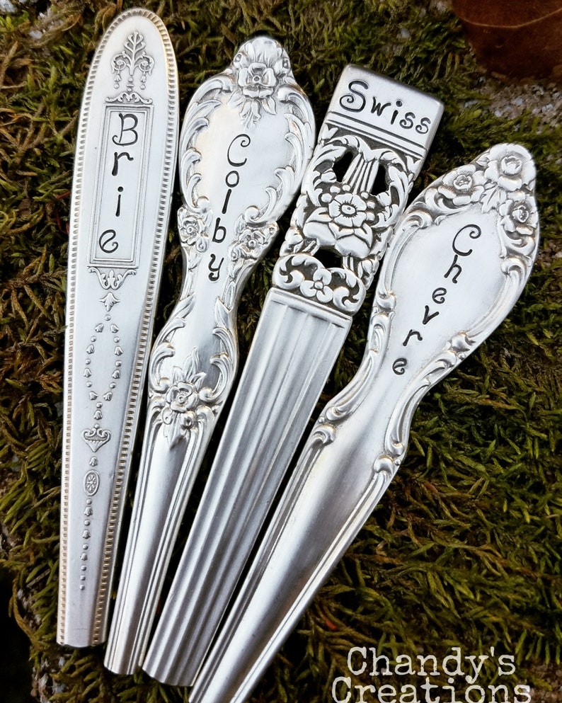 Custom-Cheese-Plant-Herb-Markers-Rustic-Board-Decor-Spreader-Server-Stamped-Engraved-Personalized-Silver-Vintage-Flatware-Gift-Props-Set