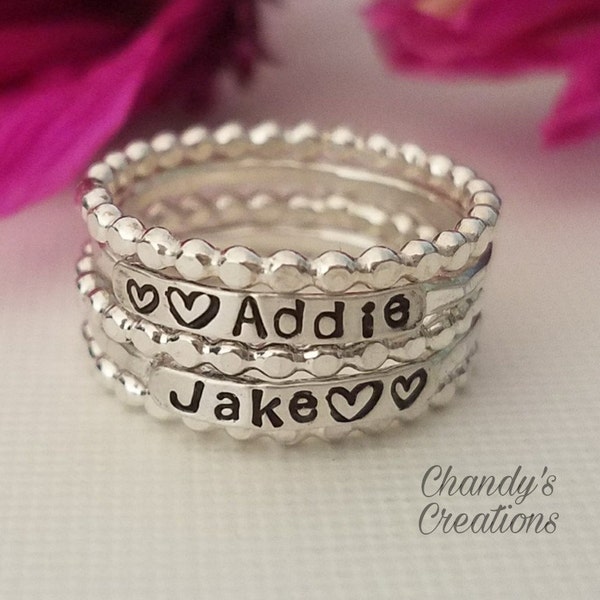 2mm-Sterling-Silver-Stackable-Name-Rings-Mother-Ring-Push-Present-Stacking-Band-Customized-Thumb-Pinky-Hammered-Spacers-Stamped-Engraved-Set