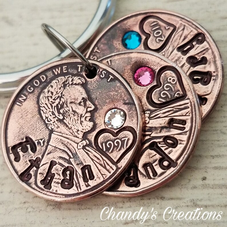 Penny-Name-Birthstone-Keychain-Lucky-Custom-Stamped-Unique-Gift-Token-Seventh-Anniversary-Engraved-Personalized-Children/'s-Names-Heart-Date