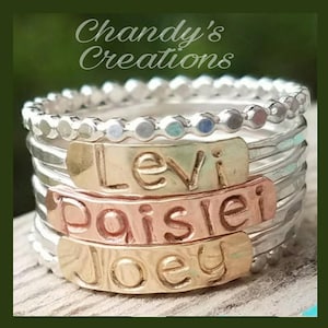 3mm Sterling Silver, Gold, Copper, Stackable, Name Rings, Mother's Rings, Layered, Customized Rings, Hammered, Beaded, Band, Midi, Engraved