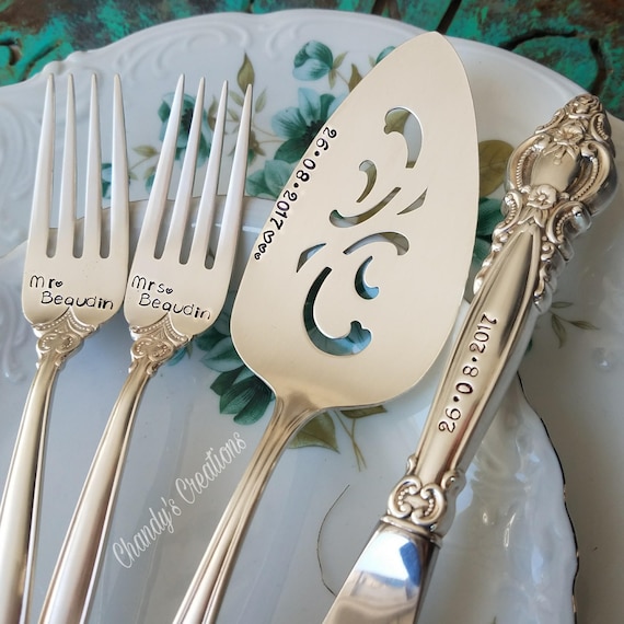 Stamped Wedding Silverware for Wedding Cake Gift for Couples Wedding Forks: Personalized Name Set Fancy Handle Stainless Steel Stamped Fork Set 