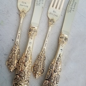 Wedding Dinner Set-Cake-Forks-Knives-Anniversary-Custom-Stamped-Bride-Groom-Gift-Accessories-Personalized-Matching-Gold-Date-Mr. and Mrs. image 10