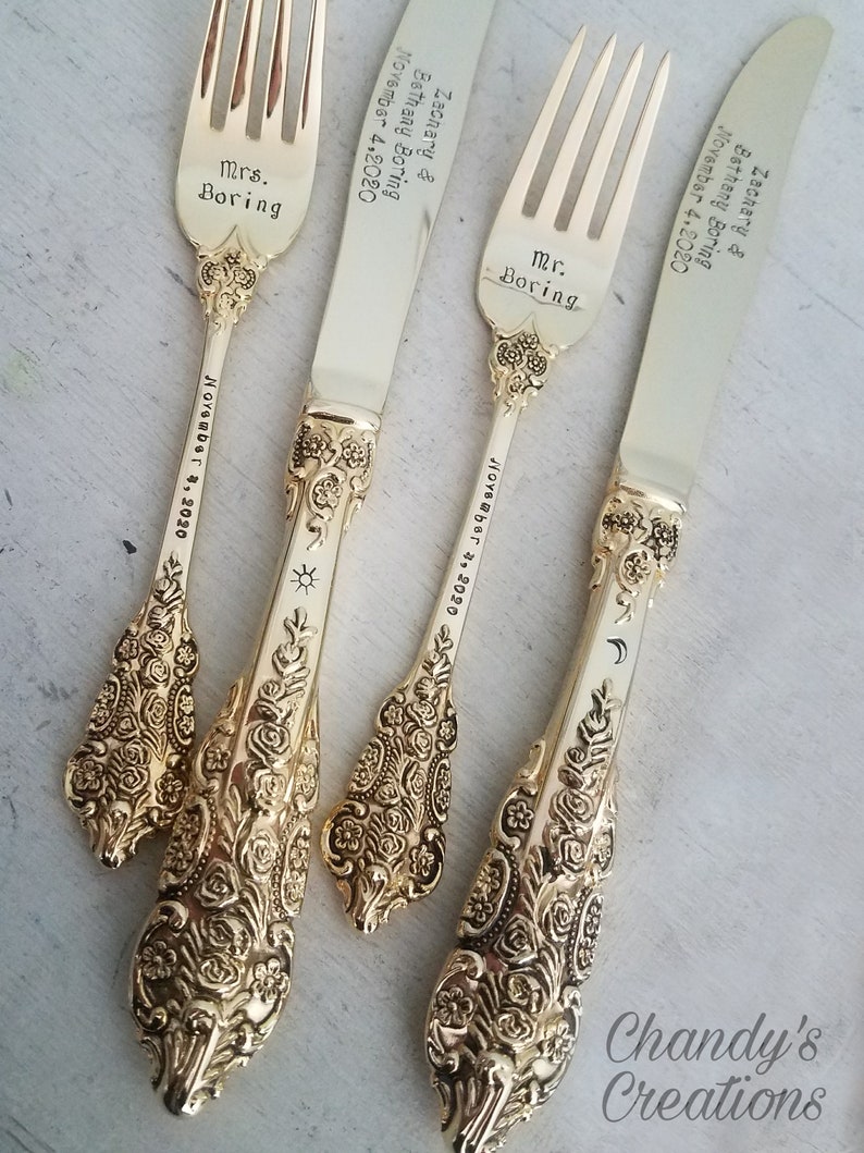 Wedding Dinner Set-Cake-Forks-Knives-Anniversary-Custom-Stamped-Bride-Groom-Gift-Accessories-Personalized-Matching-Gold-Date-Mr. and Mrs. image 10