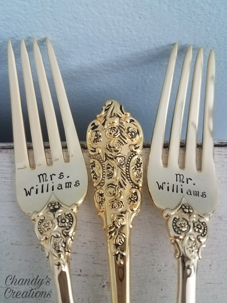 Wedding Dinner Set-Cake-Forks-Knives-Anniversary-Custom-Stamped-Bride-Groom-Gift-Accessories-Personalized-Matching-Gold-Date-Mr. and Mrs. image 4