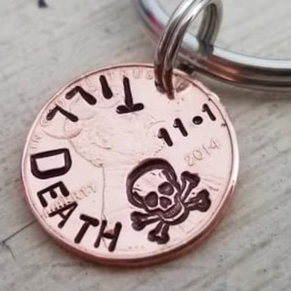 Custom-Penny-Keychain-7th-Anniversary-Lucky-Gift-Men-Husband-Boyfriend-Seven-Years-Unique-Engraved-Stamped-Wife-Copper-Till Death Do We Part