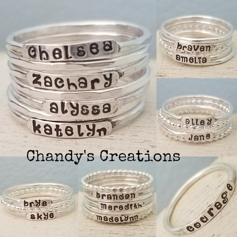 2mm-Sterling-Silver-Stackable-Name-Rings-Font-Mothers Ring-Push-Present-Stacking-Band-Customized-Thumb-Pinky-Hammered-Spacers-Set-Gift-Bead