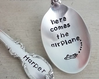 Here Comes The Airplane-Custom-Baby-Infant-Spoon-Stamped-Engraved-Monogram-Personalized-Name-Initial-Shower-Gift-Present-Silverware-Boy-Girl