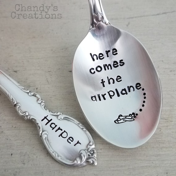 Here Comes the Airplane-custom-baby-infant-spoon-stamped-engraved