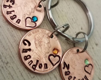 Penny-Name-Birthstone-Keychain-Lucky-Custom-Stamped-Unique-Gift-Token-Seventh-Anniversary-Engraved-Personalized-Children's-Names-Heart-Date