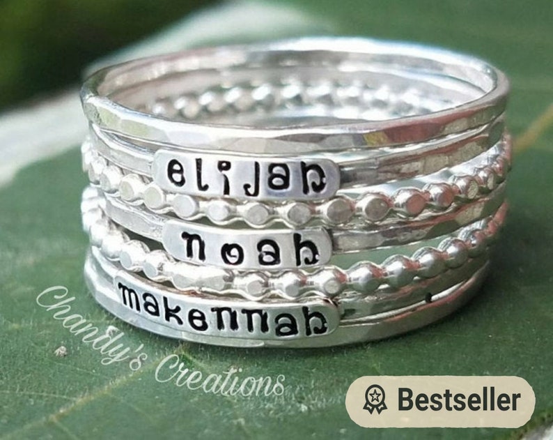 2mm-Sterling-Silver-Stackable-Name-Rings-Font-Mothers Ring-Push-Present-Stacking-Band-Customized-Thumb-Pinky-Hammered-Spacers-Set-Gift-Bead