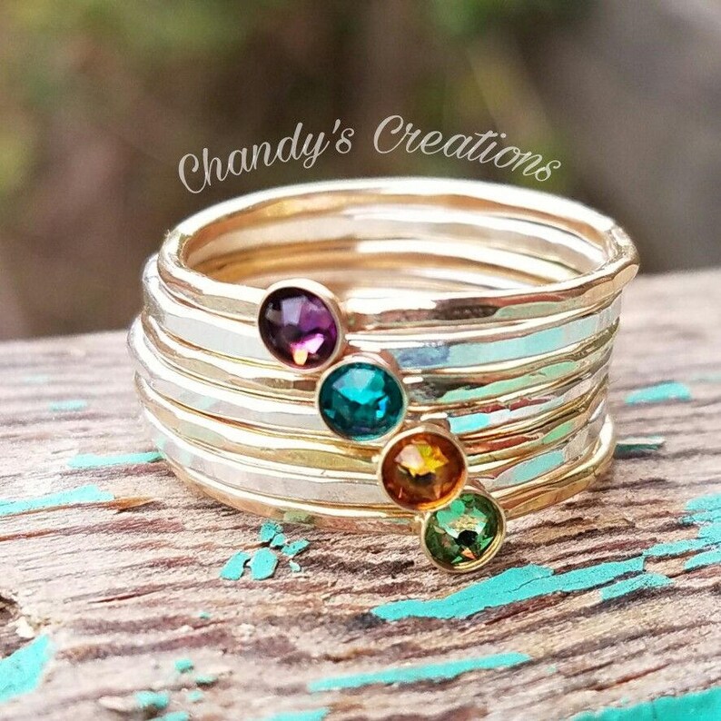 3mm Birthstone, Gold, Ring, Rings, Sterling Silver, Stackable, Midi, Layered, Name, Hammered, Beaded, Stack, Band, Spacer, Mixed Metal, Mom image 4