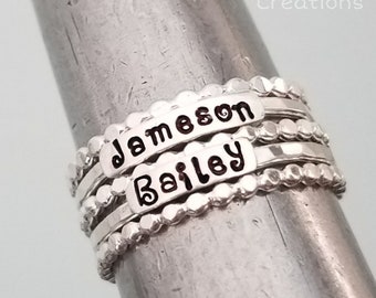 2mm-Sterling-Silver-Stackable-Name-Rings-Font-Mothers Ring-Push-Present-Stacking-Band-Customized-Thumb-Pinky-Hammered-Spacers-Set-Gift-Bead