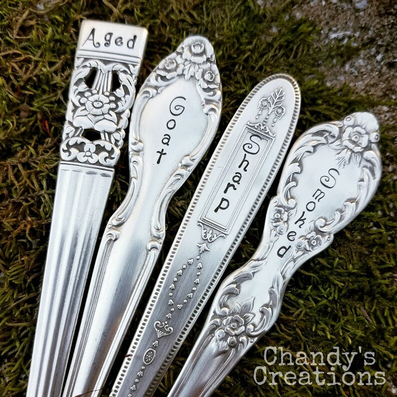 Custom-Cheese-Plant-Herb-Markers-Rustic-Board-Decor-Spreader-Server-Stamped-Engraved-Personalized-Silver-Vintage-Flatware-Gift-Props-Set