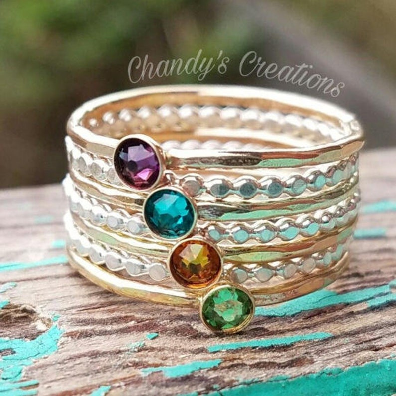 3mm Birthstone, Gold, Ring, Rings, Sterling Silver, Stackable, Midi, Layered, Name, Hammered, Beaded, Stack, Band, Spacer, Mixed Metal, Mom image 7