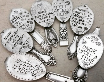 One-Custom-Spoon-Bookmark-Hand Stamped-Personalized-Graduation-Student-Teacher-Gift-Engraved-Words-Vintage-Silverware-Cook Book-Page Saver