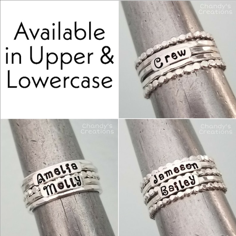 2mm-Sterling-Silver-Stackable-Name-Rings-Font-Mothers Ring-Push-Present-Stacking-Band-Customized-Thumb-Pinky-Hammered-Spacers-Set-Gift-Bead
