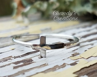 Cross, Sterling Silver, Stackable, Layered, Customized, Band, Cross Ring, Horizontal, Christian, Baptism, Baptismal, Jewelry, Sideways, Midi