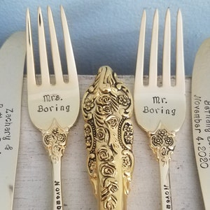 Wedding Dinner Set-Cake-Forks-Knives-Anniversary-Custom-Stamped-Bride-Groom-Gift-Accessories-Personalized-Matching-Gold-Date-Mr. and Mrs. image 1