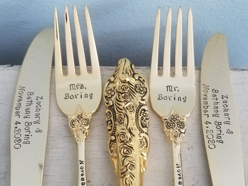 Wedding Dinner Set-Cake-Forks-Knives-Anniversary-Custom-Stamped-Bride-Groom-Gift-Accessories-Personalized-Matching-Gold-Date-Mr. and Mrs. image 1