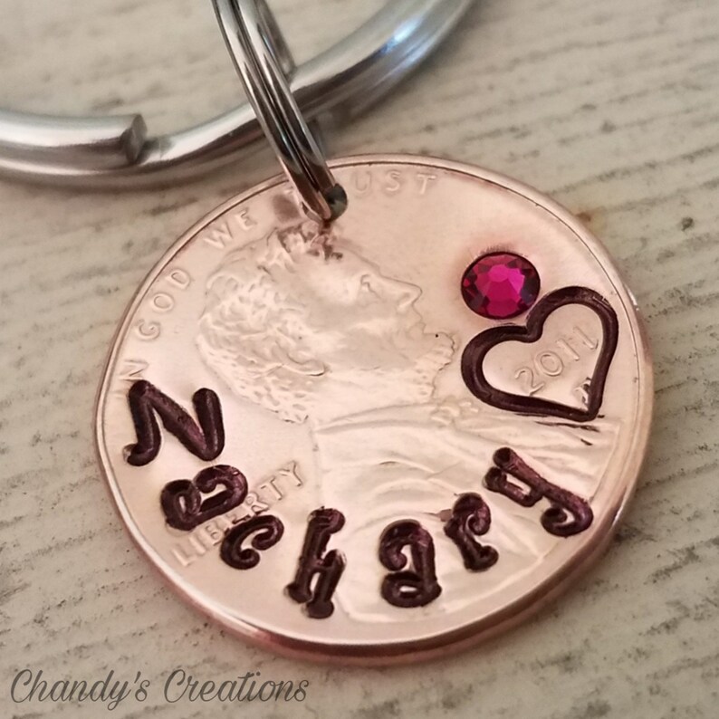 Penny-Name-Birthstone-Keychain-Lucky-Custom-Stamped-Unique-Gift-Token-Seventh-Anniversary-Engraved-Personalized-Children/'s-Names-Heart-Date