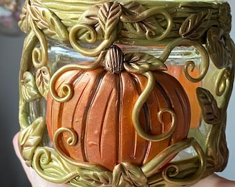 Hand sculpted polymer clay pumpkin t light holder