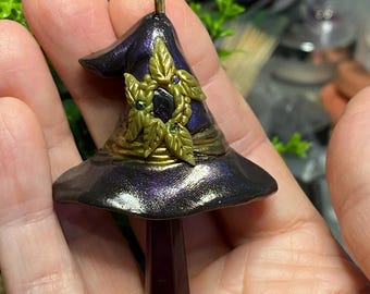 Handmade polymer clay witch hat  pendant, with amethyst point and amethyst stone