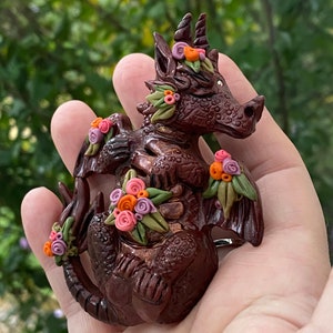 Hand Sculpted Polymer Clay Baby Dragon with Flowers & Rhinestones