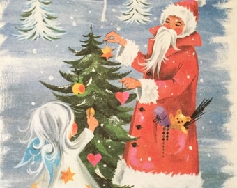Vintage Christmas Print, Felicitas Kuhn Santa and Angel Art, 1960s Book Page