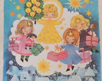 Vintage Christmas Angel Print: 1960s European Book Illustration
