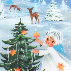 May include: A vintage Christmas illustration depicts a young angel decorating a Christmas tree with star ornaments. The angel has white hair and blue wings, set against a snowy forest backdrop with deer.
