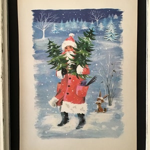 May include: A vintage Christmas illustration of Father Christmas carrying a Christmas tree in a snowy forest. He is wearing a red coat with white fur trim and a red hat. A small rabbit is standing to the right of Father Christmas.