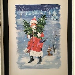 May include: A vintage Christmas card illustration of Father Christmas carrying a Christmas tree in a snowy forest. A small rabbit stands to the right of Father Christmas. The card is numbered 107.