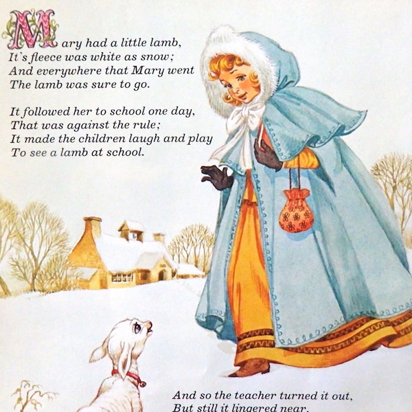 Vintage Nursery Rhyme Print, Original 8 x 10 Book Page, Retro Mary Had a Little Lamb Print, Nursery Decor, Girls Bedroom, Precious