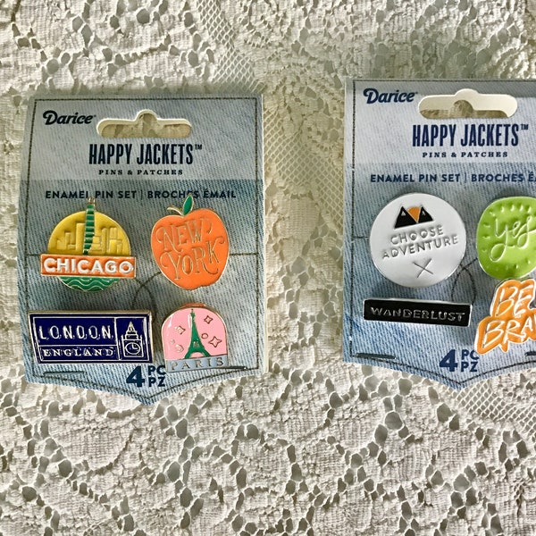 8 Enamel Pins, Happy Jackets Pins, Chicago Pin, Paris Pin, Lapel Pins, Jacket Pins, Enamel Hat Pins,