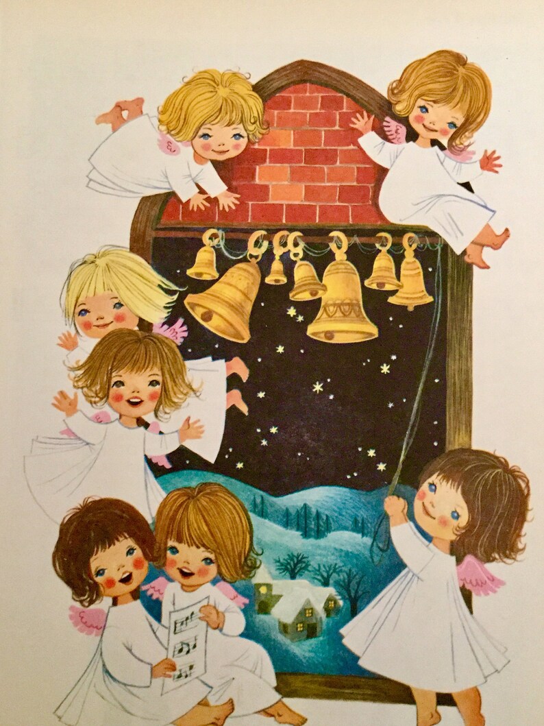 Angels Ringing About Adorable Mid Century Original Book Page, Angels Ringing Bells, 1950’s ...