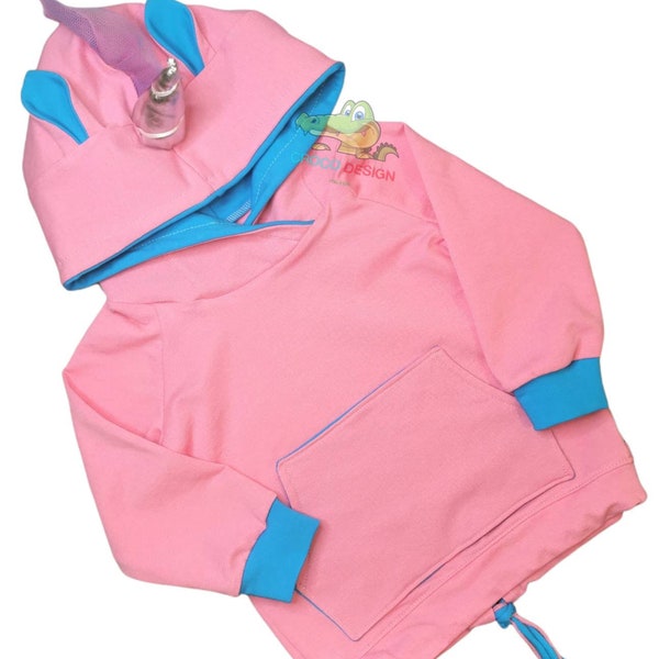 UNICORN hoodie ear horne pink blue girl kids  pocket animal rainbow horse