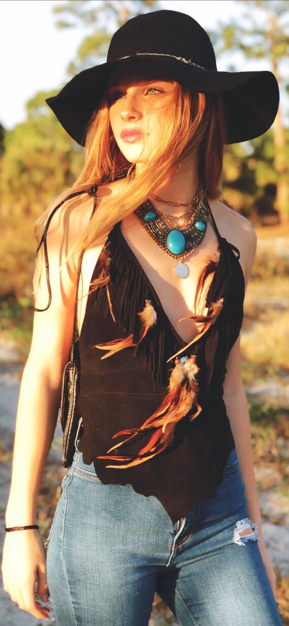 70’s Buckskin Suede Halter Top Backless Vintage Bo