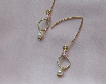 Gold Wire Dangle Earrings Rose Gold Copper Wire Drop Bead Imitation Pearls with Light Gold Hoops Handmade
