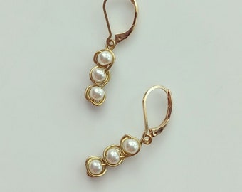 Gold Plated Leverback Dangle Earrings Gold Copper Wire Ivory Imitation Pearls Handmade Drop Designs