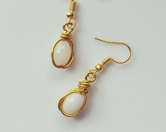 Gold Ear Wire Hypoallergenic Dangle Earrings Copper Gold Wire Drop White Oval Beads